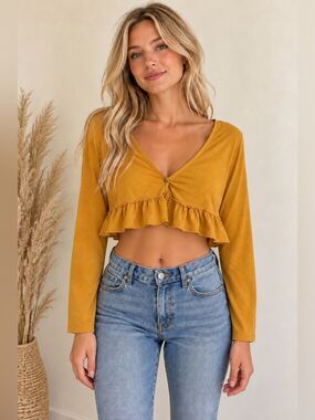Urban Outfitters Gold 3/4 Sleeve Ruffled Crop Blouse